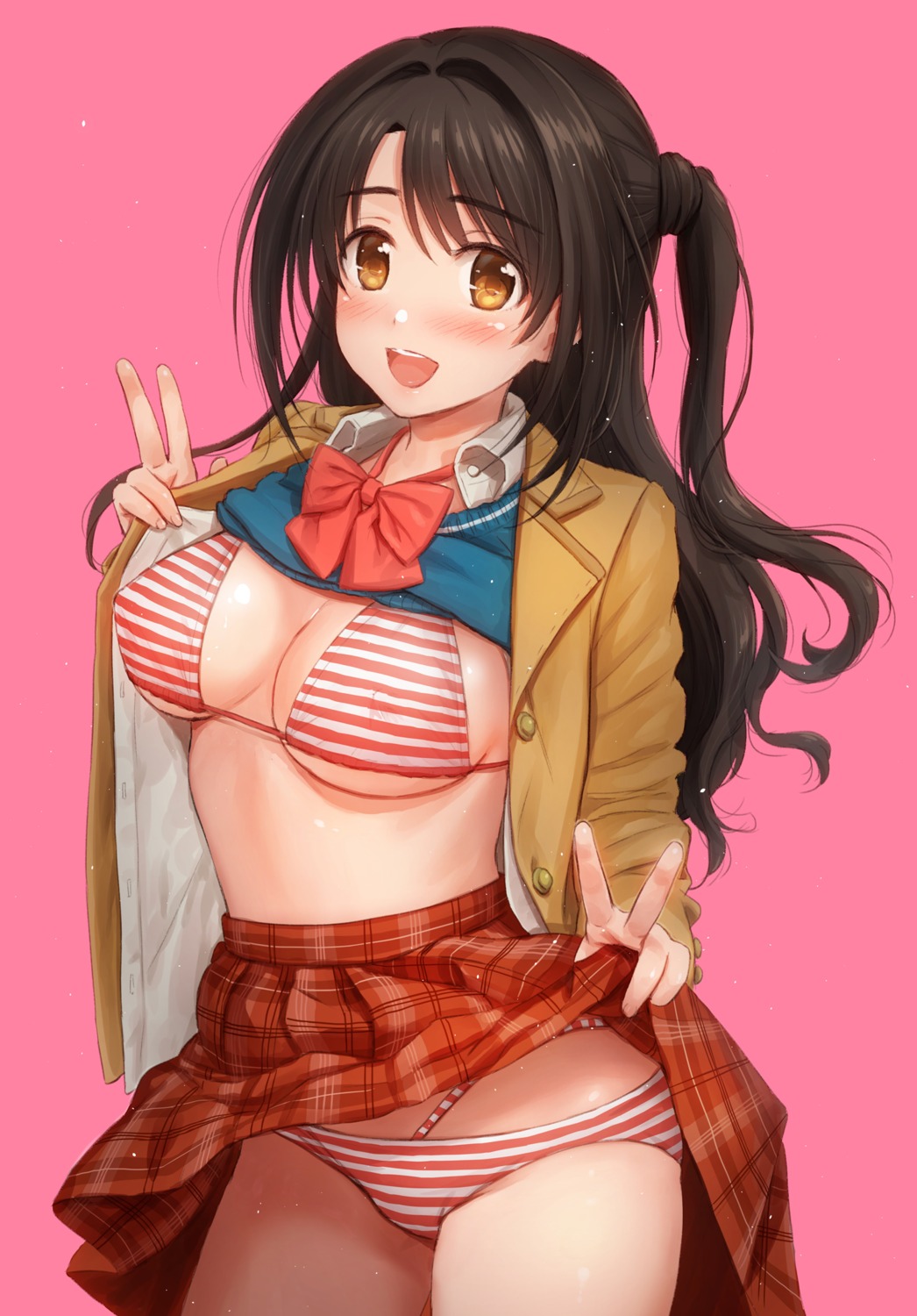 bikini open_shirt reco seifuku shimamura_uzuki shirt_lift skirt_lift sweater swimsuits the_idolm@ster the_idolm@ster_cinderella_girls