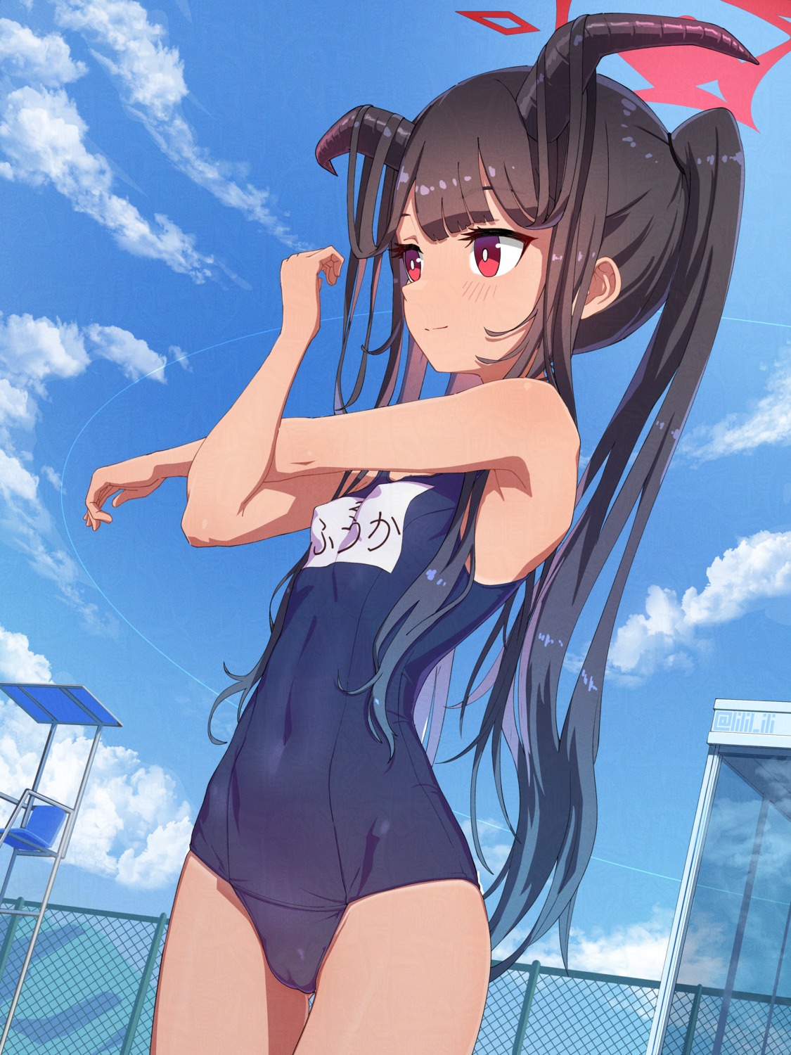 aikiyo_fuuka blue_archive cameltoe erect_nipples halo horns loli school_swimsuit special_cat swimsuits tan_lines