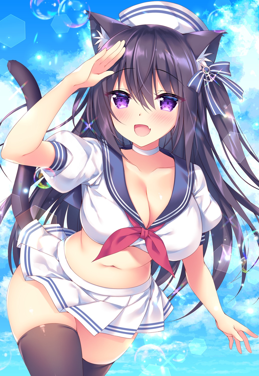 animal_ears cleavage nekomimi seifuku skirt_lift sorai_shinya tail thighhighs