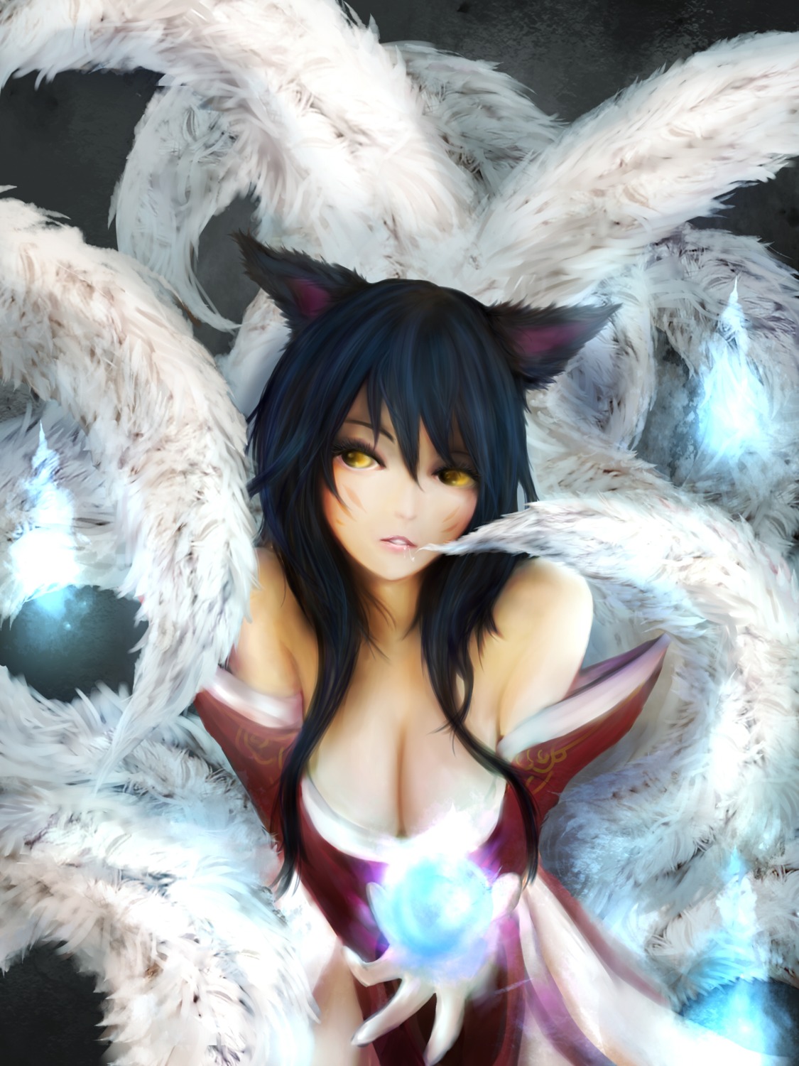 ahri animal_ears cleavage kitsune league_of_legends tail zhang_xiao_bo