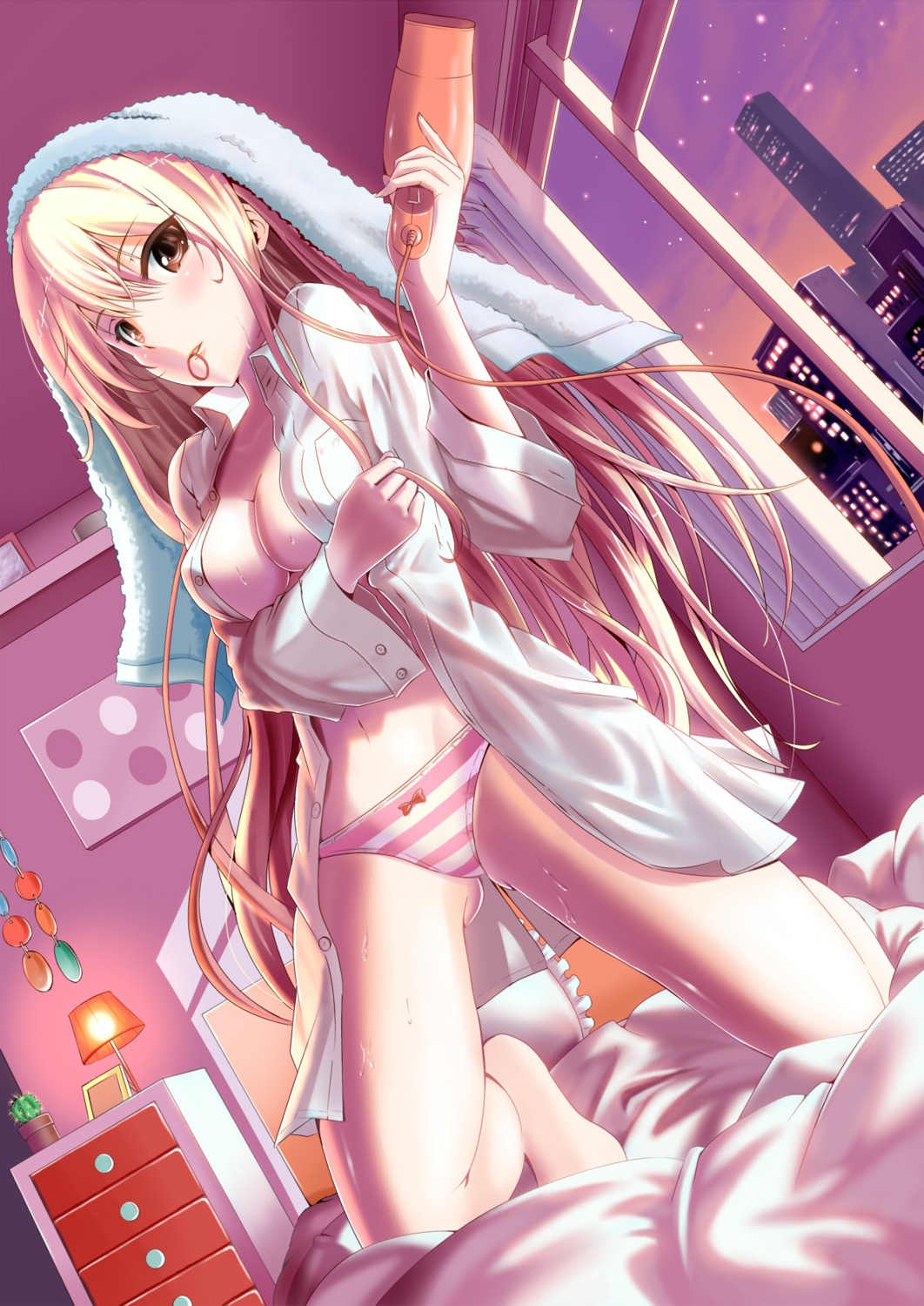 breast_hold cleavage dress_shirt no_bra open_shirt pantsu saku_(saku9595) shimapan