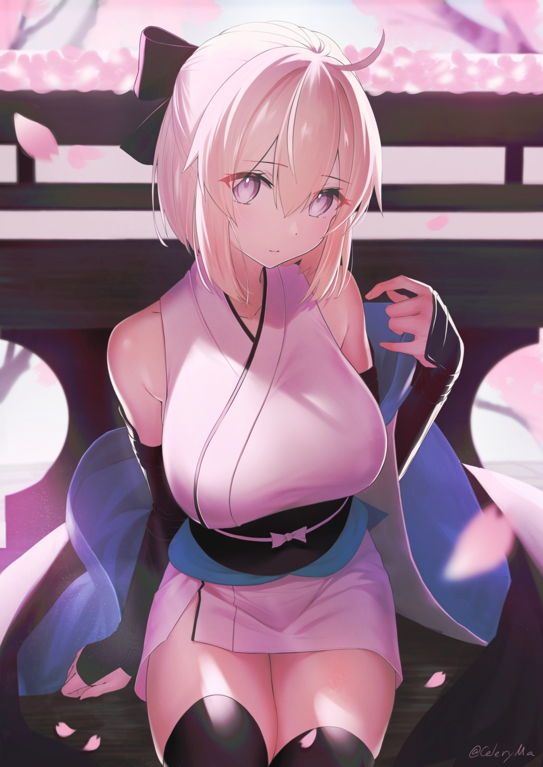 celeryma fate/grand_order japanese_clothes okita_souji_(fate) thighhighs