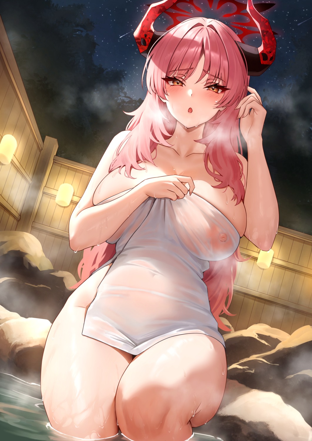 blue_archive breast_hold halo holika_baby horns kyougoku_satsuki nipples onsen see_through towel wet