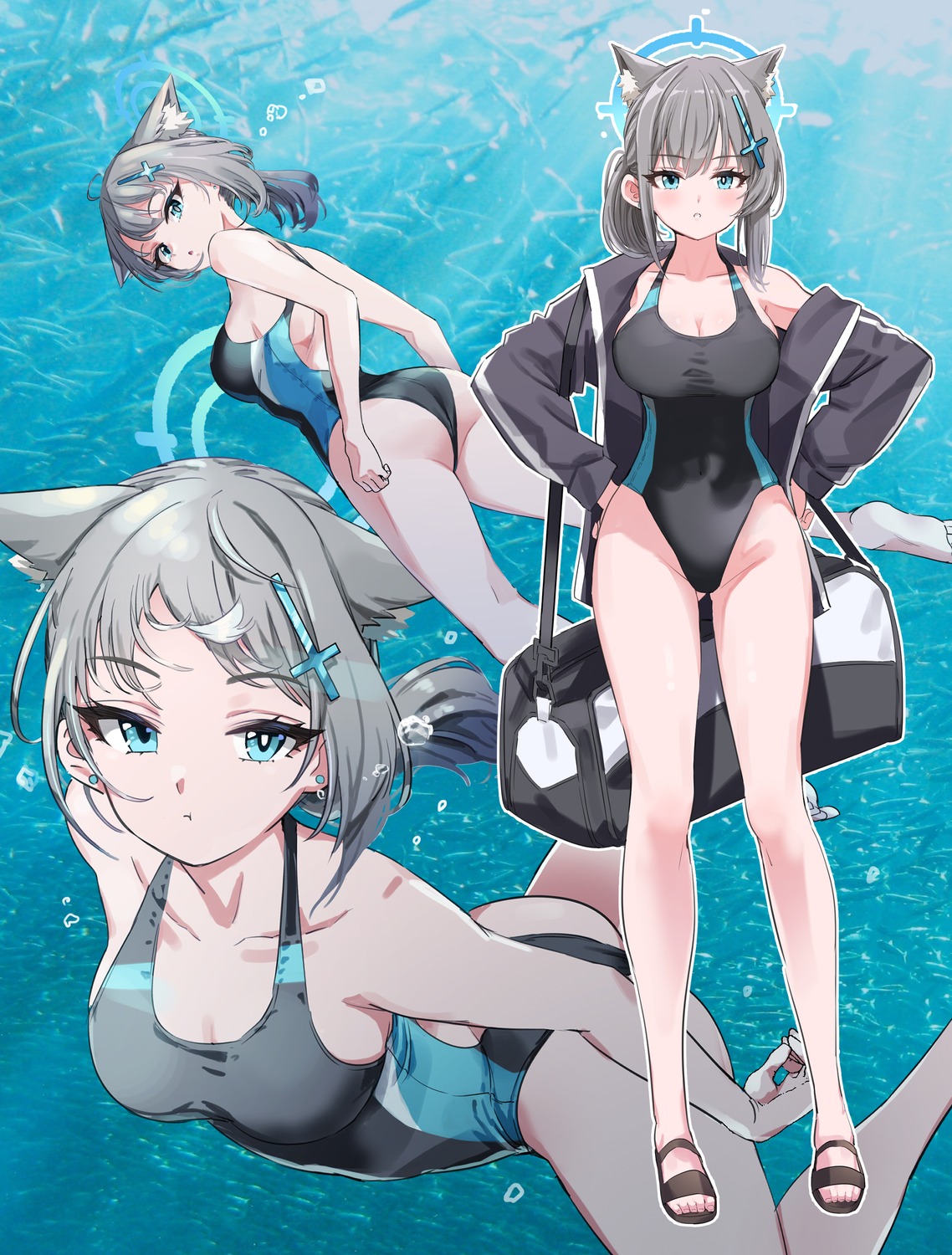 animal_ears ass blue_archive halo nekomimi pizzasi sunaookami_shiroko swimsuits