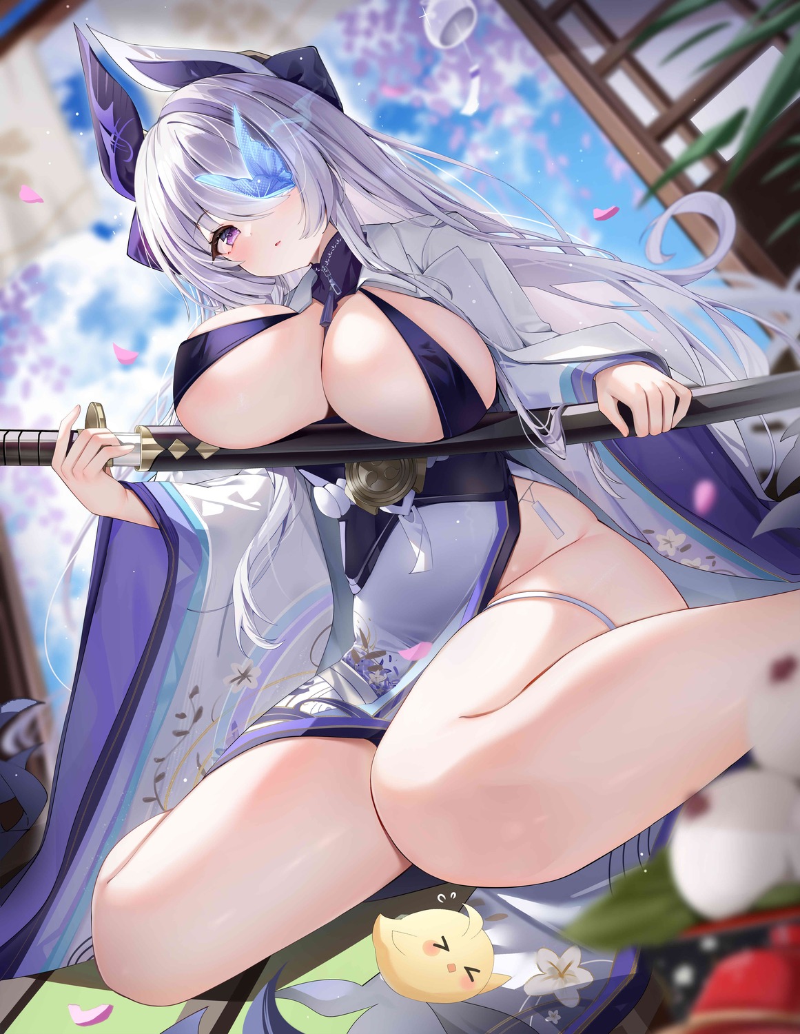 arlene_(ju) azur_lane breast_hold erect_nipples eyepatch garter japanese_clothes manjuu_(azur_lane) no_bra sword unzen_(azur_lane)