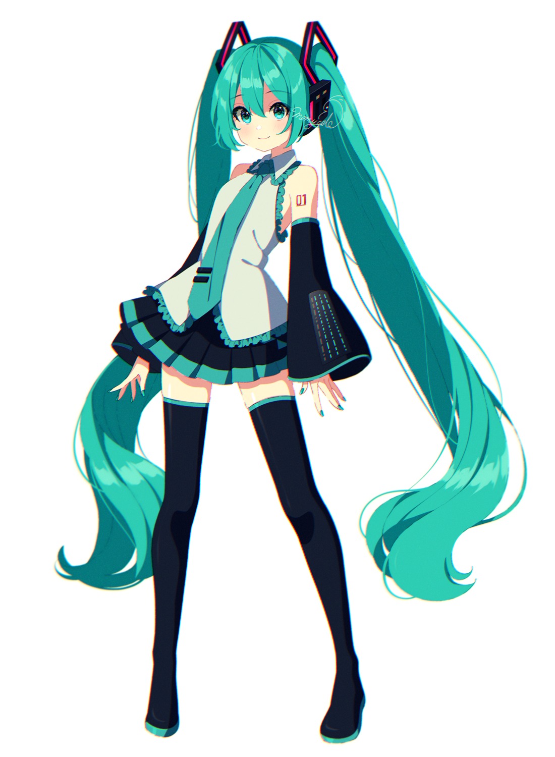 hatsune_miku headphones mamyouda tattoo thighhighs vocaloid