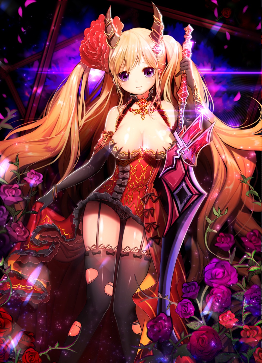 cleavage devil dress horns pantsu stockings sukja sword thighhighs torn_clothes