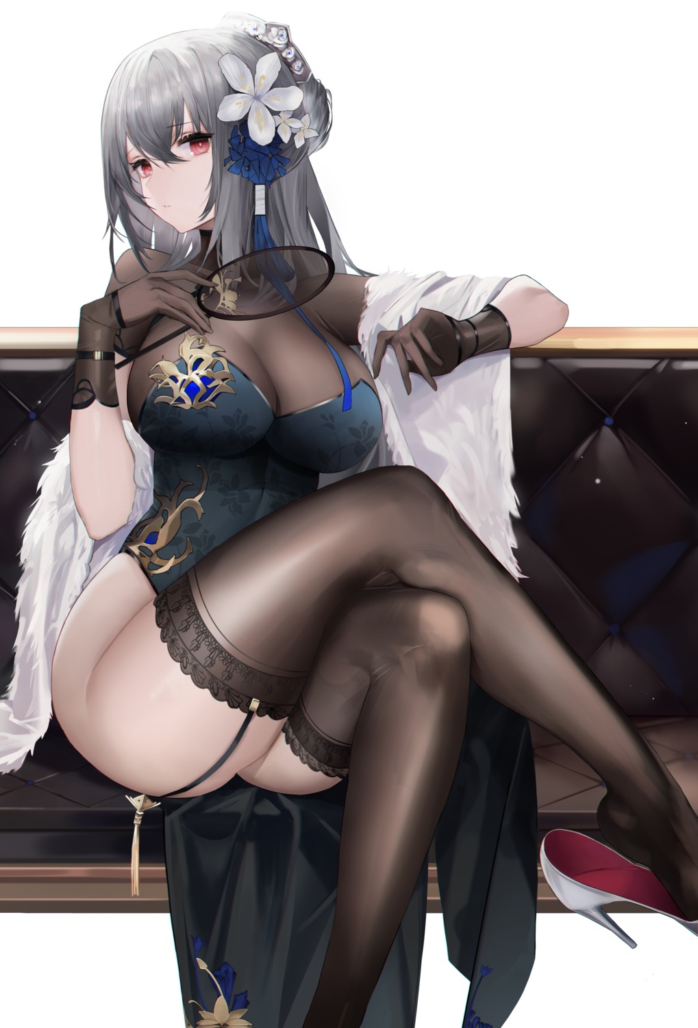 afpl_(parrotz4) azur_lane chinadress heels no_bra nopan saint_louis_(azur_lane) skirt_lift stockings thighhighs