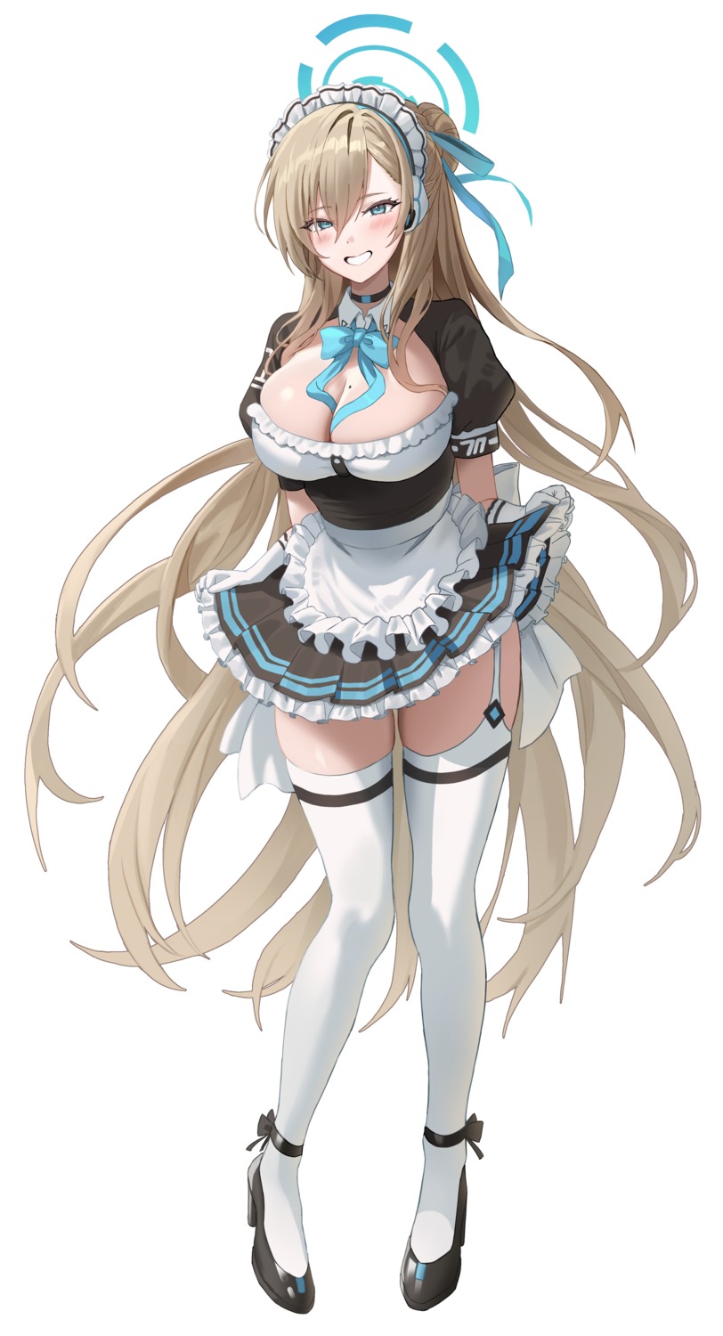 blue_archive halo heels ichinose_asuna m0_0m_c maid no_bra skirt_lift stockings thighhighs