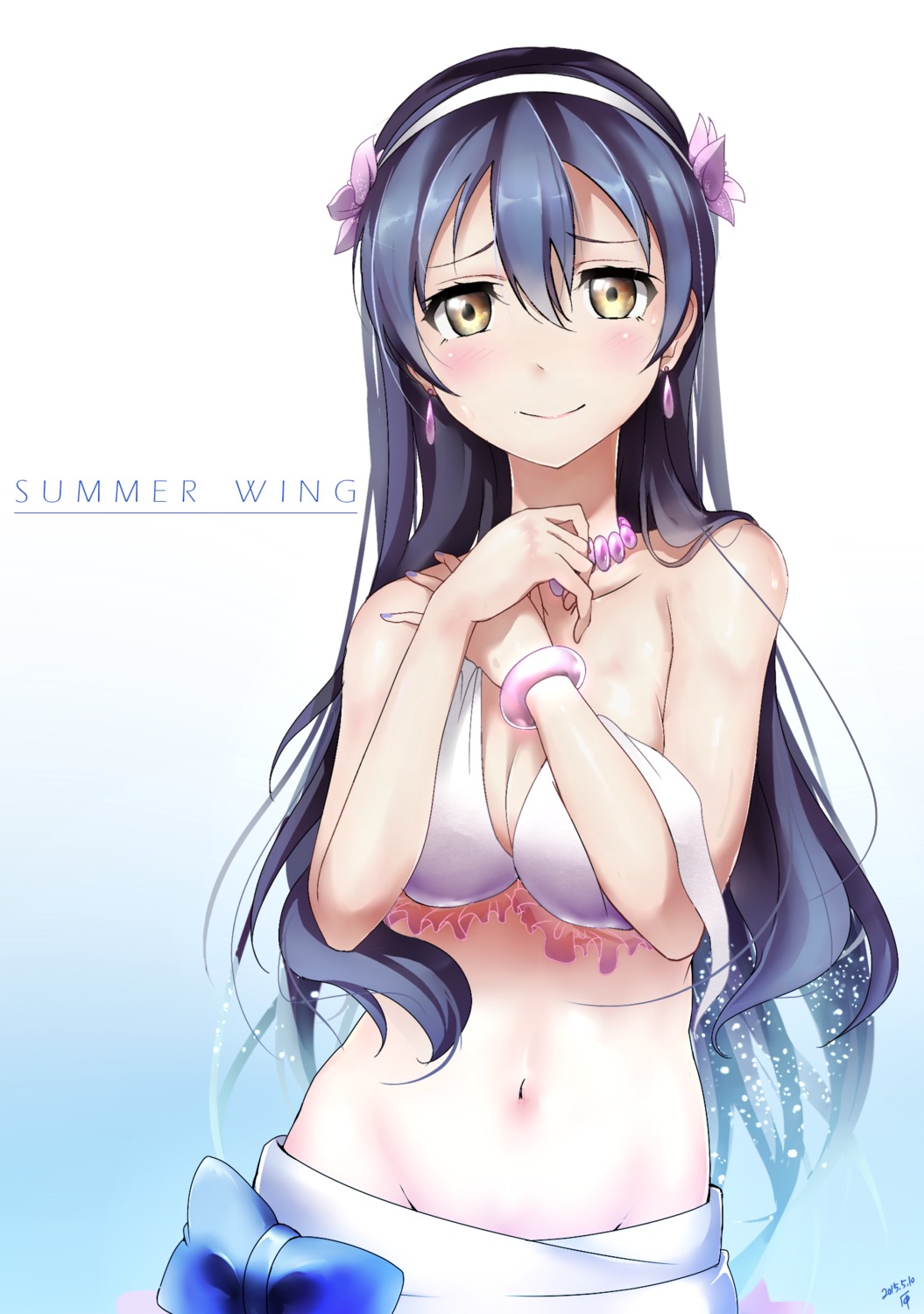 bikini_top breast_hold cleavage love_live! shiimai sonoda_umi swimsuits wardrobe_malfunction