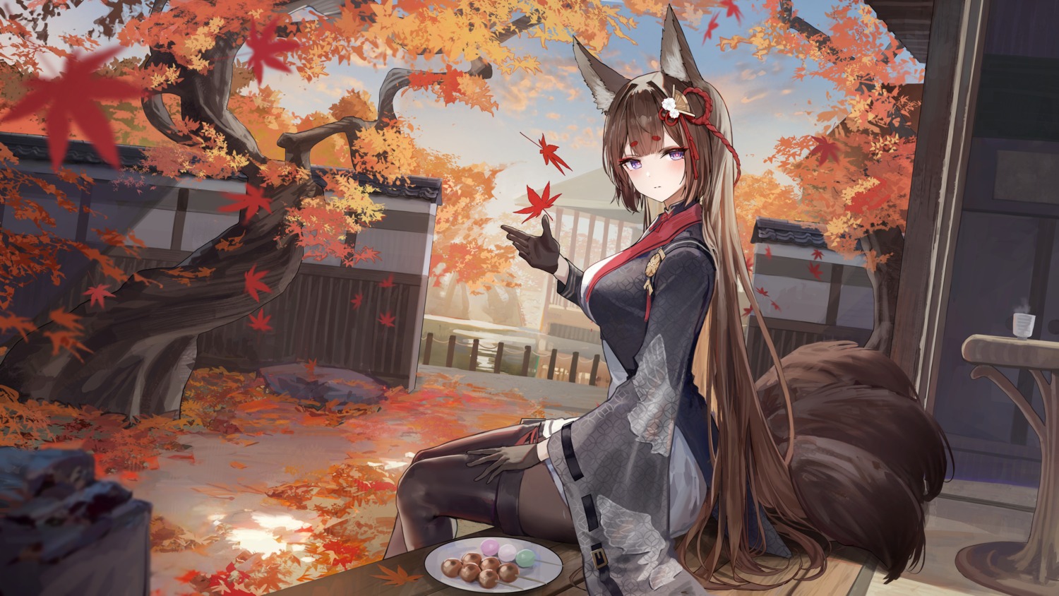 amagi_(azur_lane) animal_ears azur_lane hidulume japanese_clothes kitsune pantyhose tail thighhighs