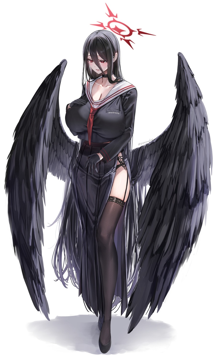 angel blue_archive cleavage hanekawa_hasumi pantsu seifuku stockings thighhighs wings yayoi_maka