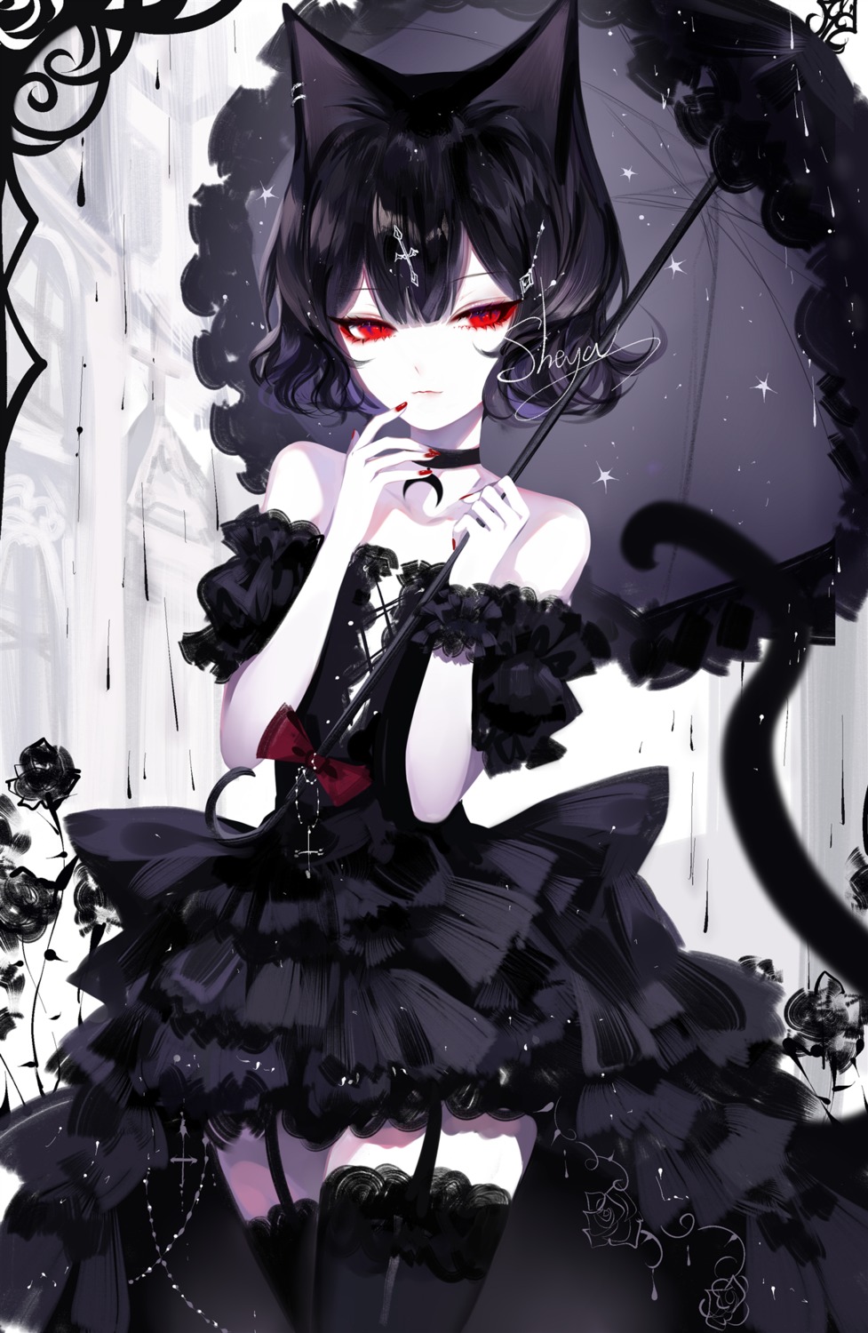 animal_ears dress gothic_lolita lolita_fashion nekomimi no_bra sheya stockings tail thighhighs umbrella