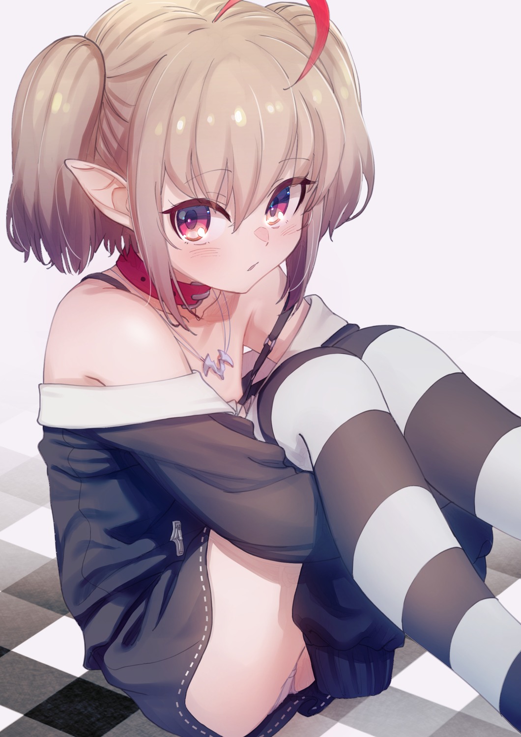 bra loli makaino_ririmu nijisanji nijisanji_gamers open_shirt pantsu pointy_ears sabamen thighhighs