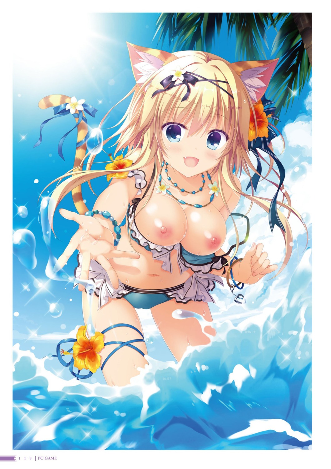 animal_ears bikini breasts neko-nin_exheart_2 nekokai_ritsu nekomimi nipples swimsuits tail takano_yuki wardrobe_malfunction whirlpool