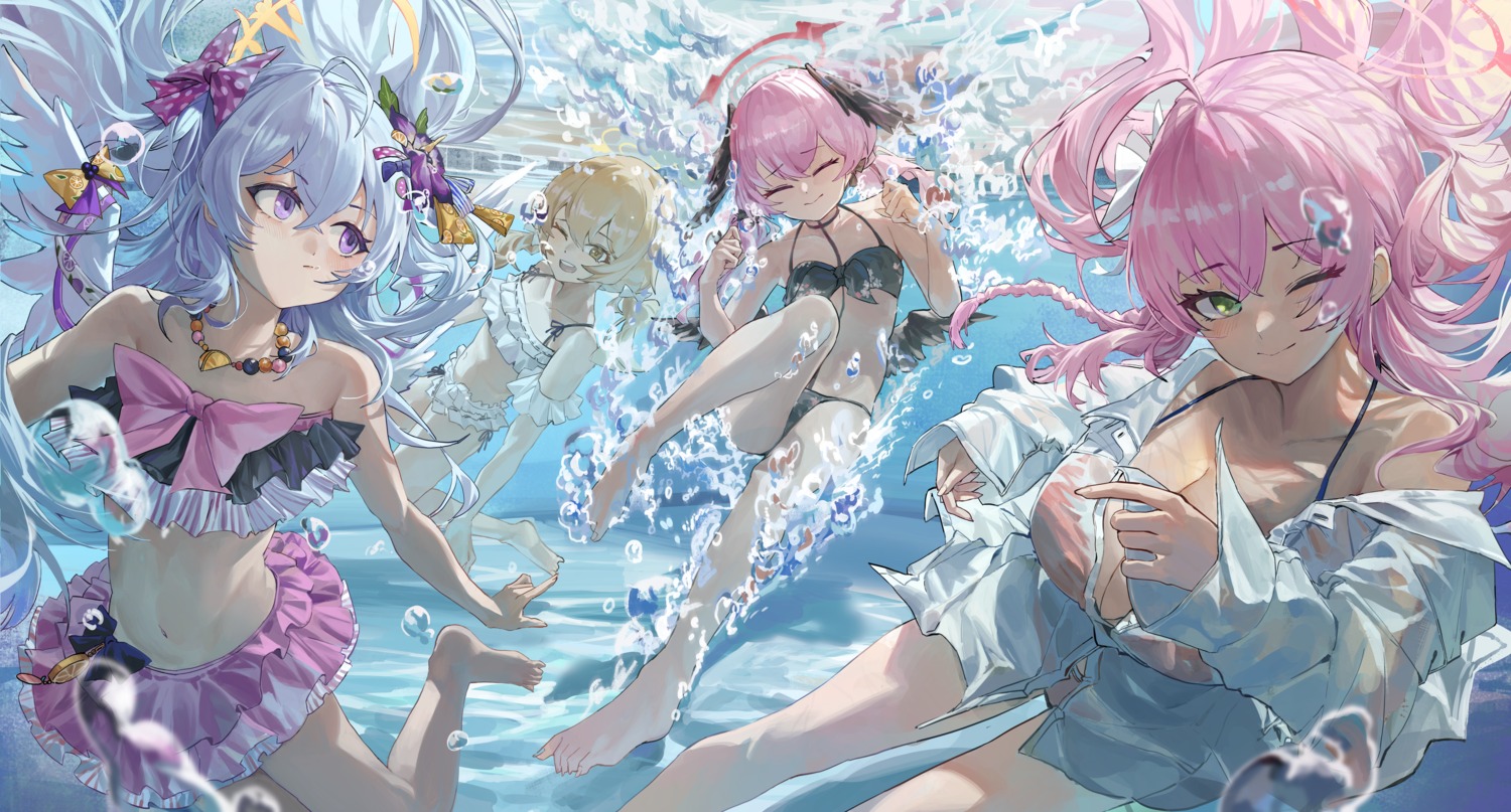 ajitani_hifumi angel bikini blue_archive dainillust halo loli open_shirt see_through shimoe_koharu shirasu_azusa swimsuits thong urawa_hanako wet wings