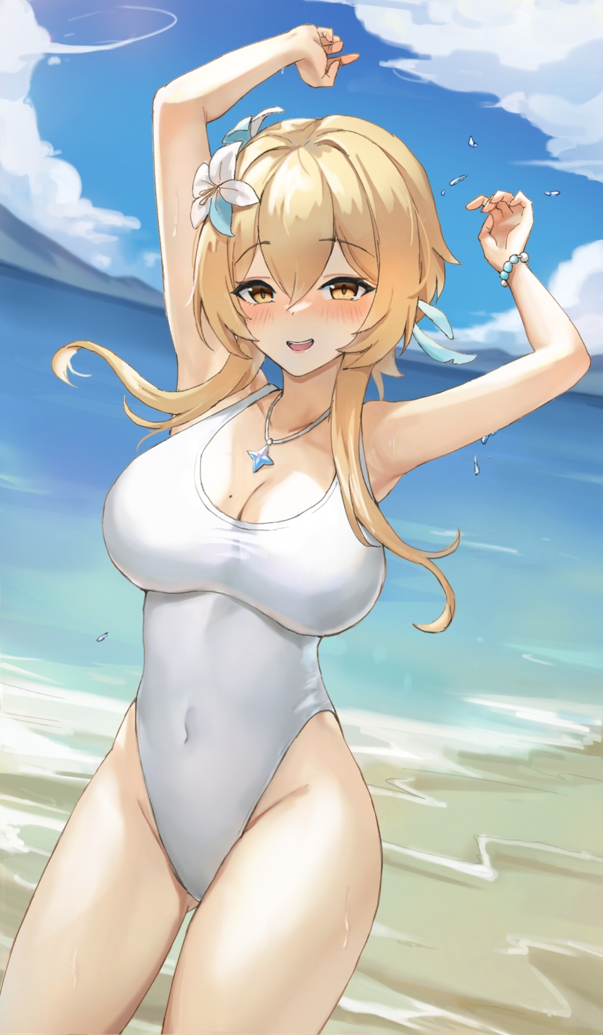 artist_revision cleavage genshin_impact jag_ging lumine swimsuits
