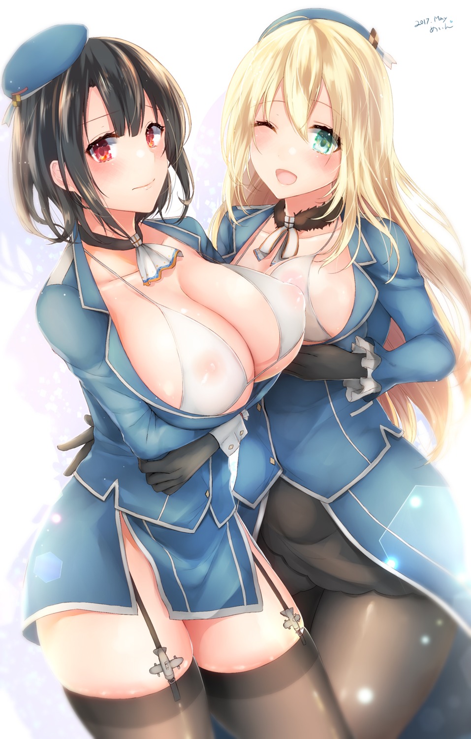 atago_(kancolle) bikini_top erect_nipples kantai_collection open_shirt pantyhose sakiryo_kanna see_through stockings takao_(kancolle) thighhighs uniform