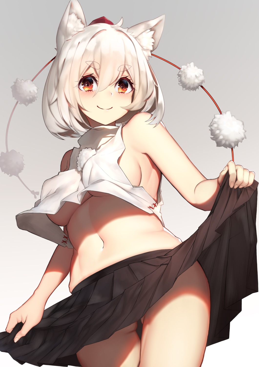 animal_ears banitya inubashiri_momiji no_bra shirt_lift skirt_lift touhou underboob