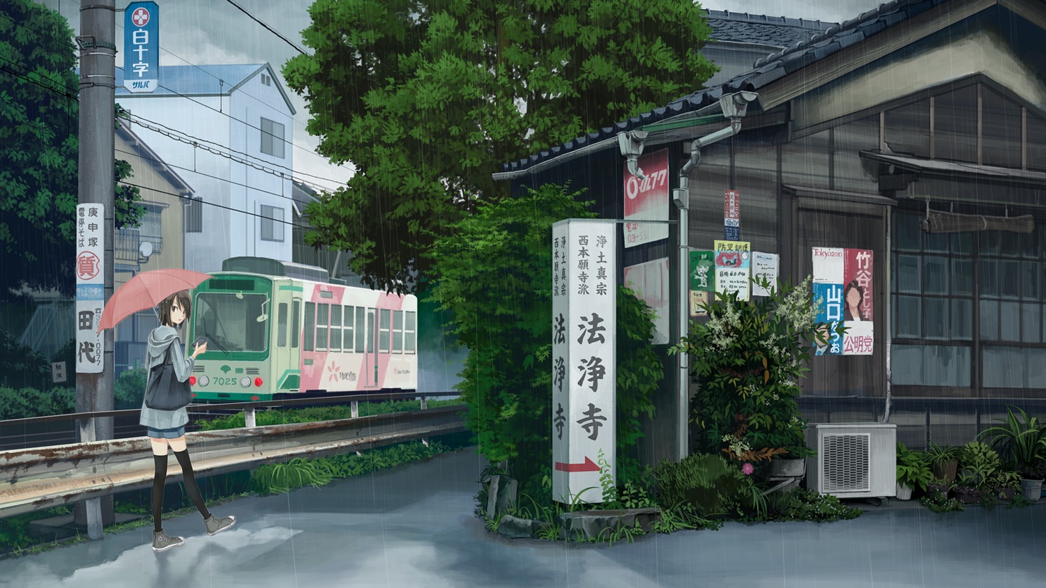 kusakabe_(kusakabeworks) landscape thighhighs umbrella wallpaper