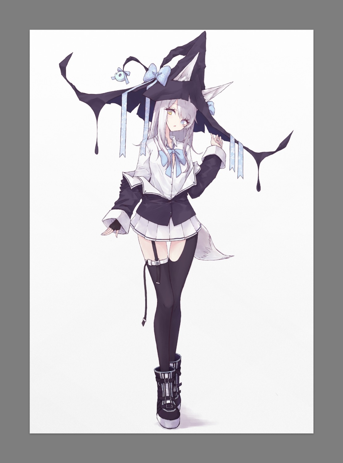 animal_ears cre7 heterochromia kitsune megane seifuku stockings tail thighhighs witch