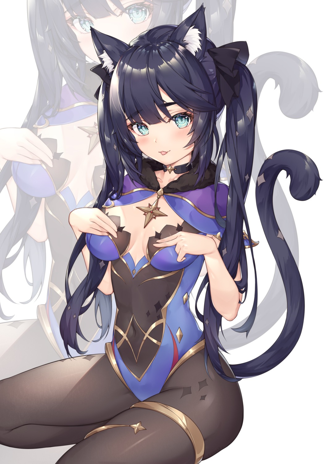 animal_ears breast_hold garter genshin_impact kuroida leotard mona_megistus nekomimi no_bra pantyhose tail