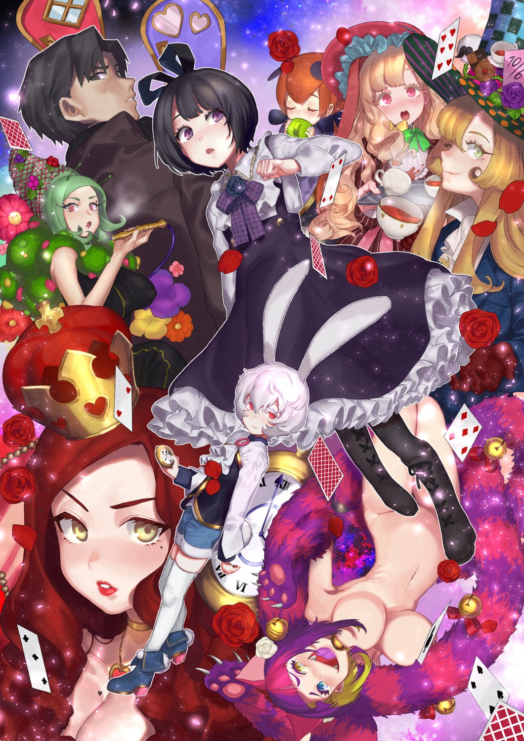 alice_in_wonderland amaneku animal_ears bunny_ears cleavage gothic_lolita heels lolita_fashion naked tail thighhighs