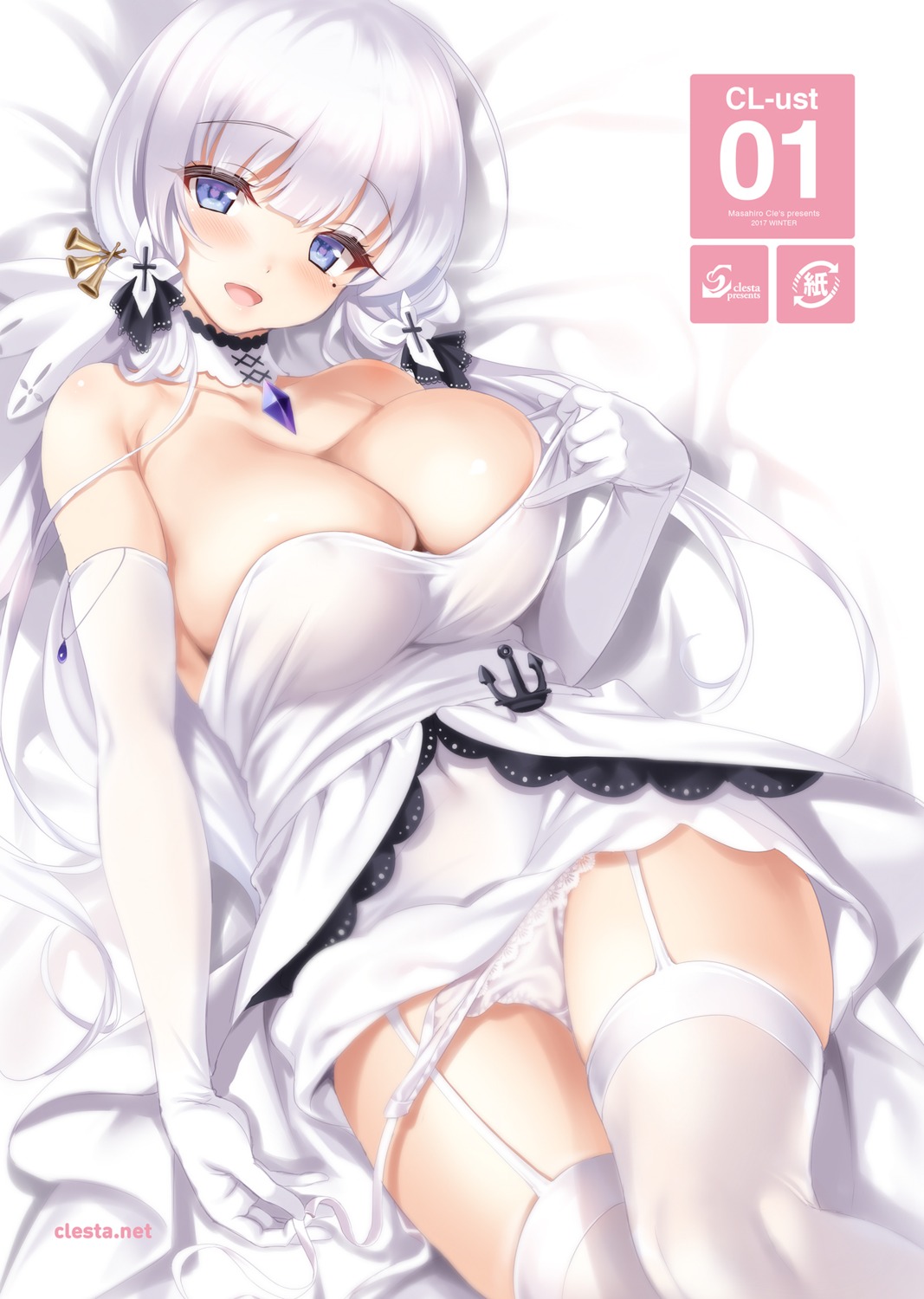 azur_lane cle_masahiro clesta dress illustrious_(azur_lane) no_bra pantsu panty_pull shirt_lift stockings thighhighs undressing