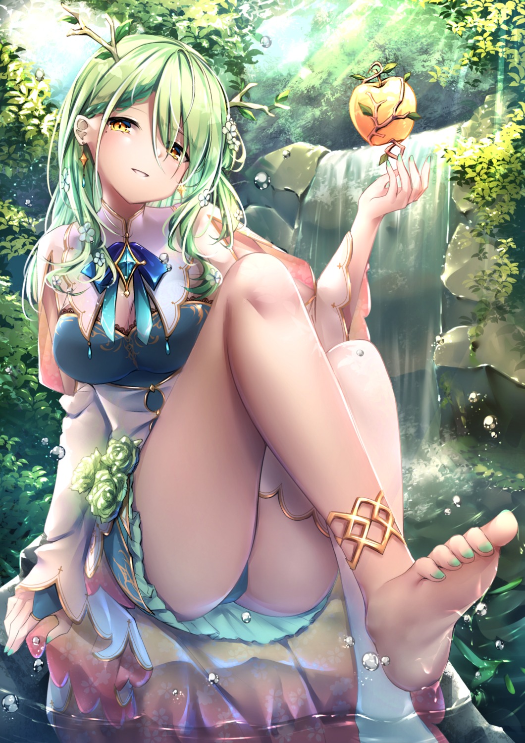 ceres_fauna cleavage feet hololive hololive_english horns pantsu skirt_lift thong umou_(may65879)