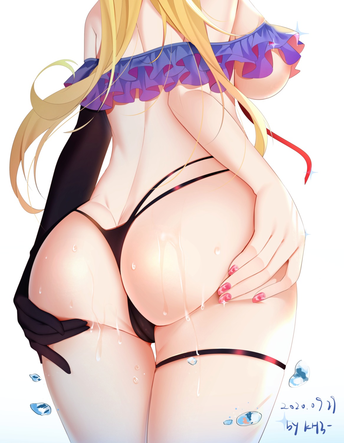 ass ass_grab azur_lane cameltoe garter kumano_(azur_lane) miaogujun no_bra pantsu thong wet