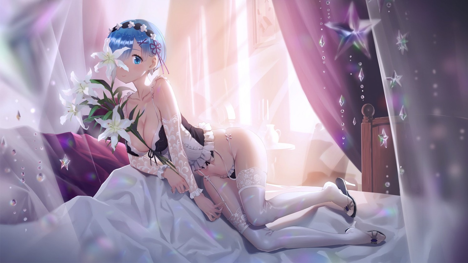 cleavage heels lingerie maid mhk_(mechamania) pantsu re_zero_kara_hajimeru_isekai_seikatsu rem_(re_zero) stockings string_panties thighhighs wallpaper