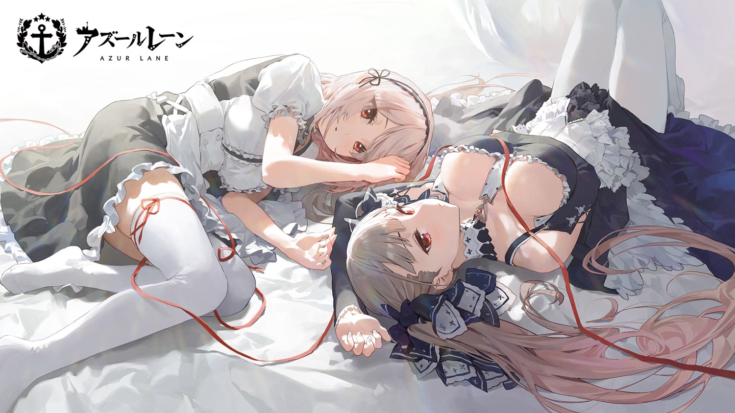 azur_lane formidable_(azur_lane) gothic_lolita lolita_fashion maid modare no_bra sirius_(azur_lane) skirt_lift thighhighs