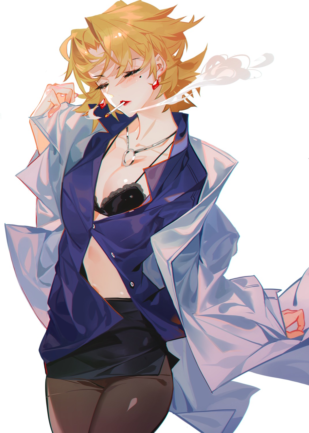 akagi_ritsuko bra business_suit cleavage grandia_lee neon_genesis_evangelion open_shirt pantyhose smoking