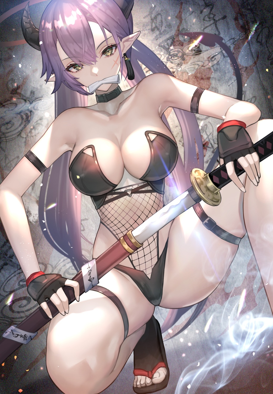 fishnets garter hitowa horns leotard no_bra pointy_ears sword