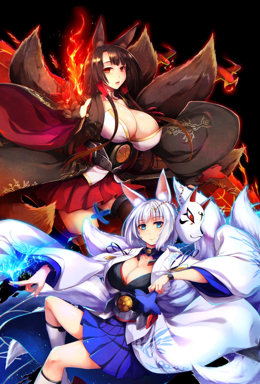 akagi_(azur_lane) animal_ears azur_lane cleavage japanese_clothes kaga_(azur_lane) kitsune ouma_tokiichi tail