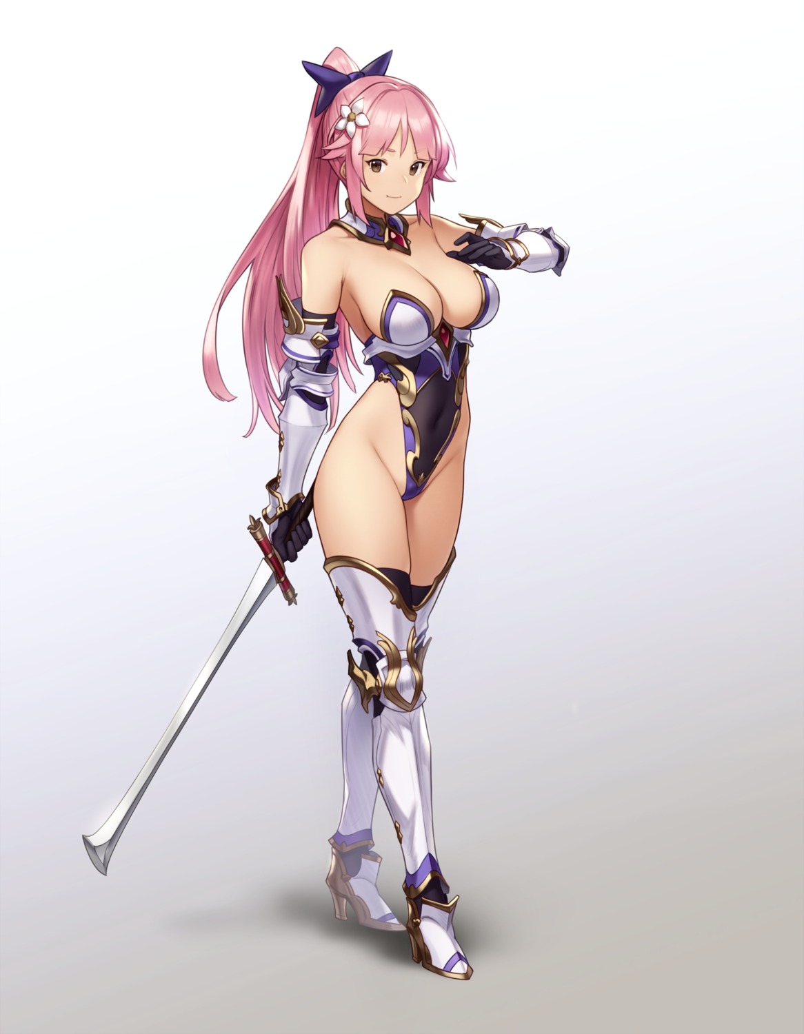 armor cleavage heels houtengeki leotard no_bra sword thighhighs