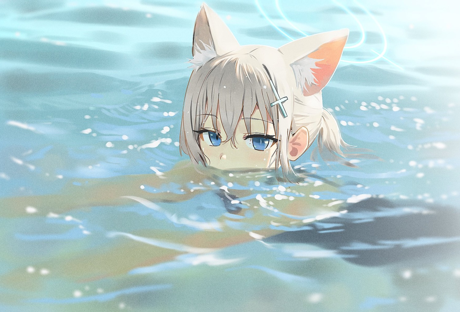 animal_ears blue_archive halo nekomimi sunaookami_shiroko swimsuits wasabi60 wet