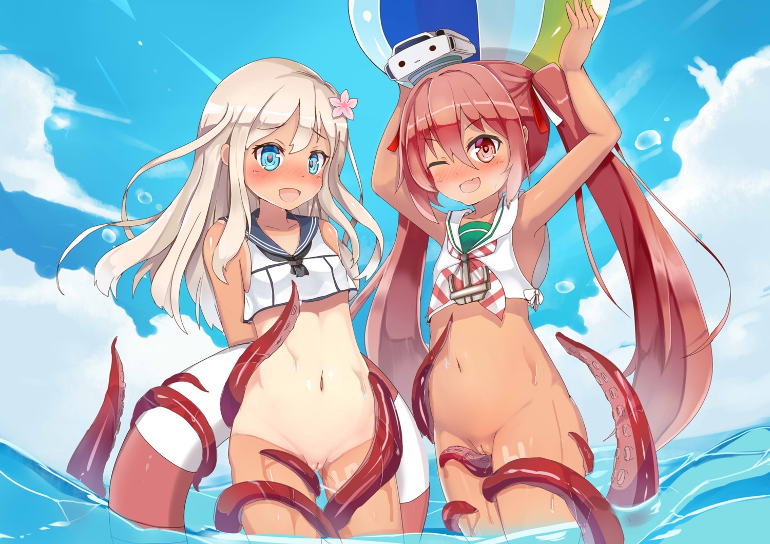 bottomless hakokon kantai_collection libeccio_(kancolle) loli pussy ro-500 seifuku tan_lines tentacles wet