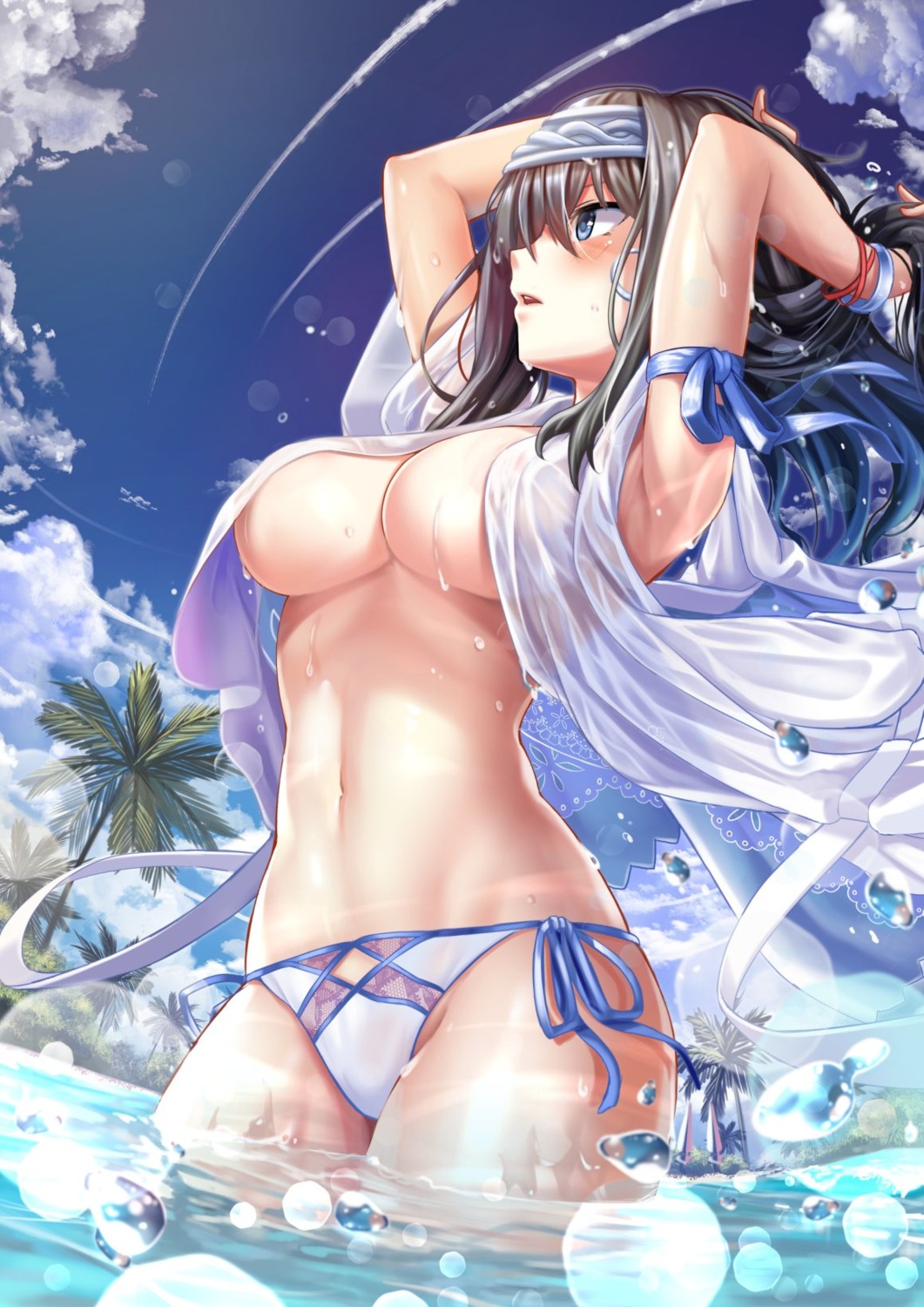 breasts hasaya no_bra open_shirt pantsu sagisawa_fumika see_through string_panties the_idolm@ster the_idolm@ster_cinderella_girls wet wet_clothes