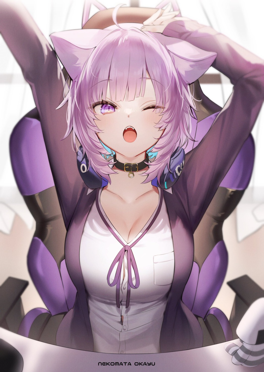 animal_ears cleavage headphones hololive hololive_gamers kuma_daigorou nekomata_okayu nekomimi