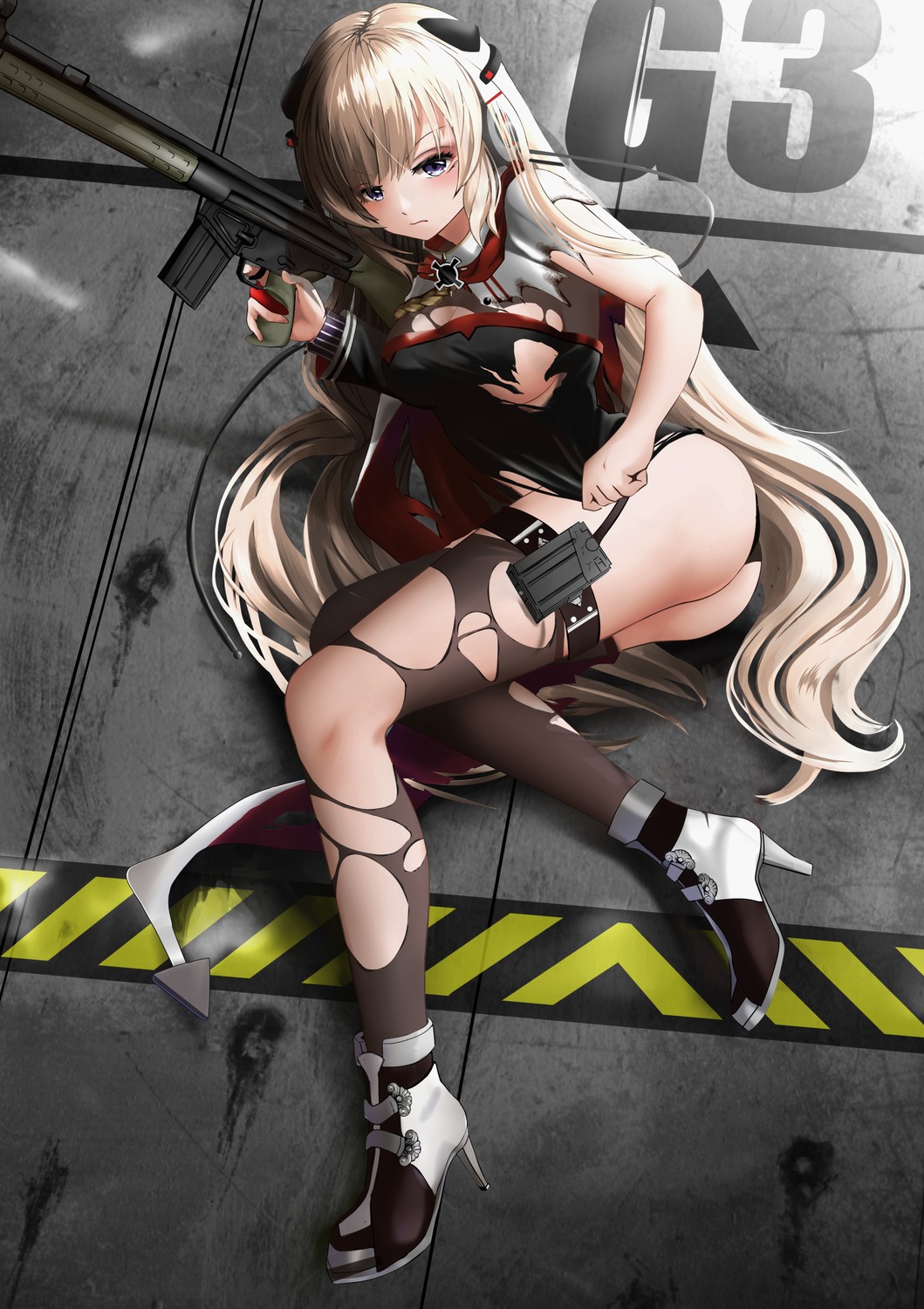 artist_revision ass g3_(girls_frontline) garter gibun_(sozoshu) girls_frontline gun heels no_bra pantsu stockings thighhighs thong torn_clothes uniform