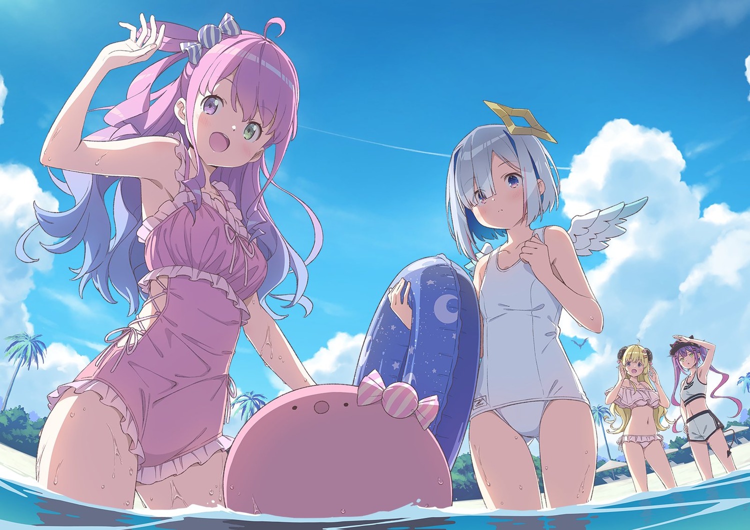 amane_kanata angel heterochromia himemori_luna hololive kanzaki_hiro swimsuits tokoyami_towa tsunomaki_watame wings