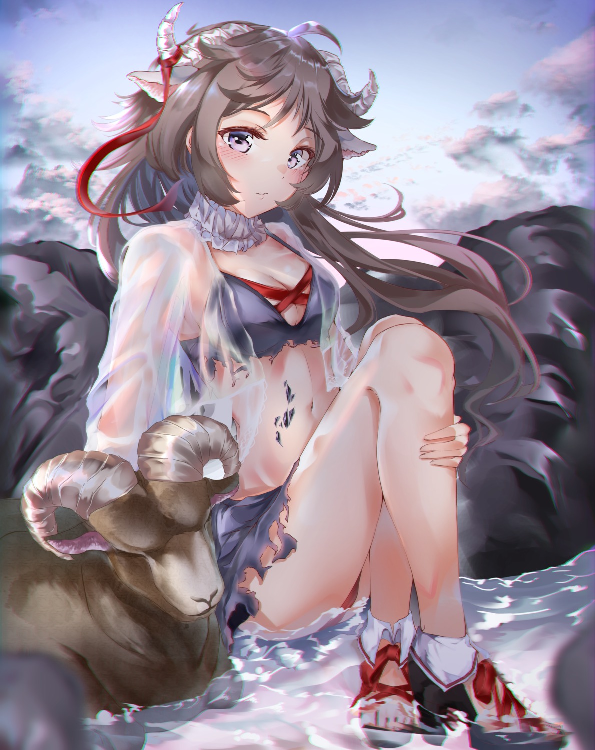 animal_ears arknights bikini cameltoe cleavage eyjafjalla_(arknights) heels horns mika_uni open_shirt see_through skirt_lift swimsuits torn_clothes wet wet_clothes