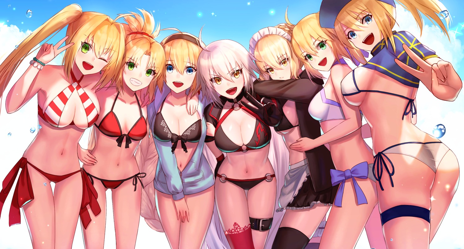 ass bikini cleavage dolce_(dolsuke) fate/grand_order garter heroine_xx jeanne_d'arc jeanne_d'arc_(alter)_(fate) jeanne_d'arc_(fate) maid mordred_(fate) open_shirt saber saber_alter saber_extra swimsuits thighhighs underboob