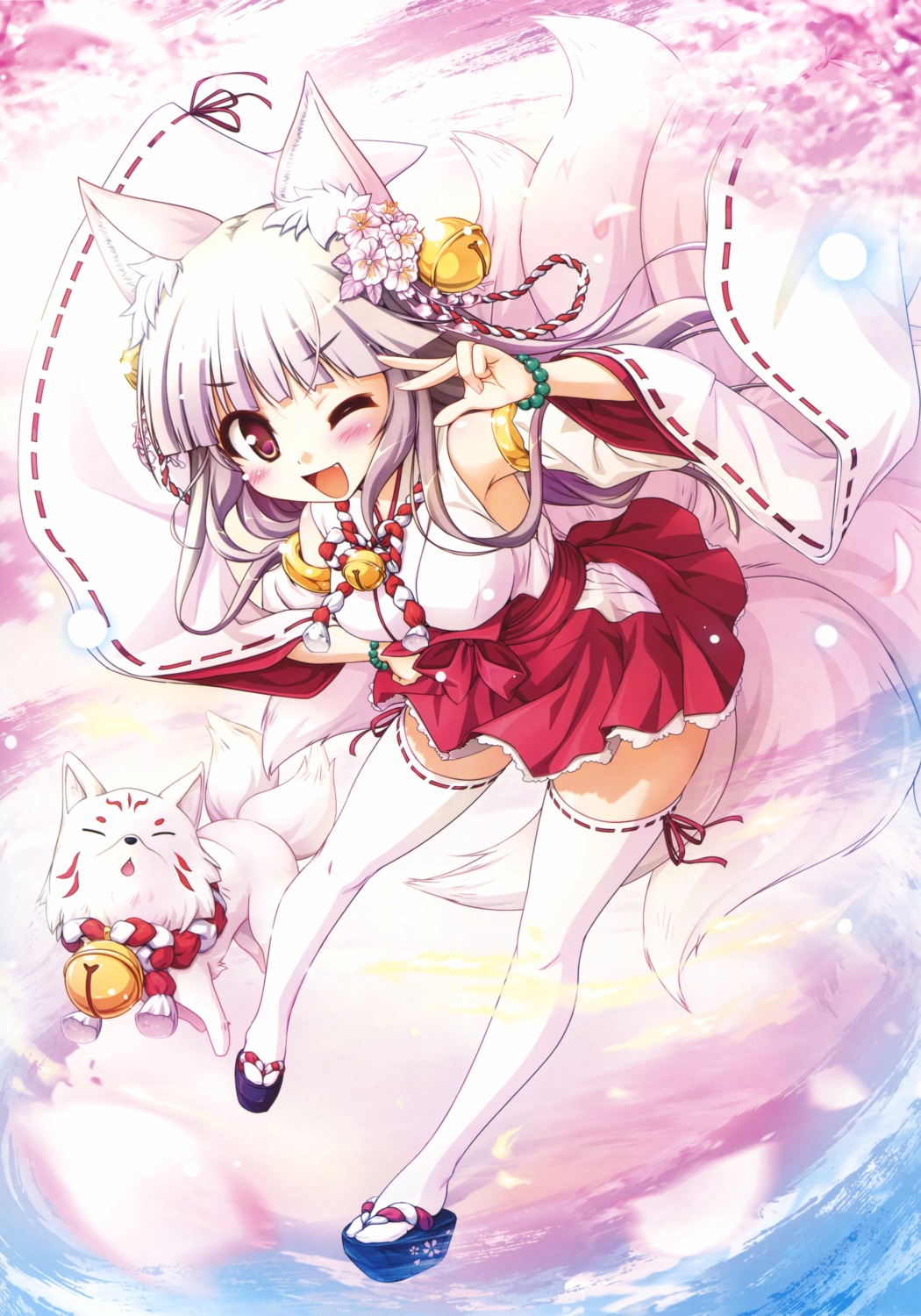 animal_ears bekkankou kitsune miko tail thighhighs