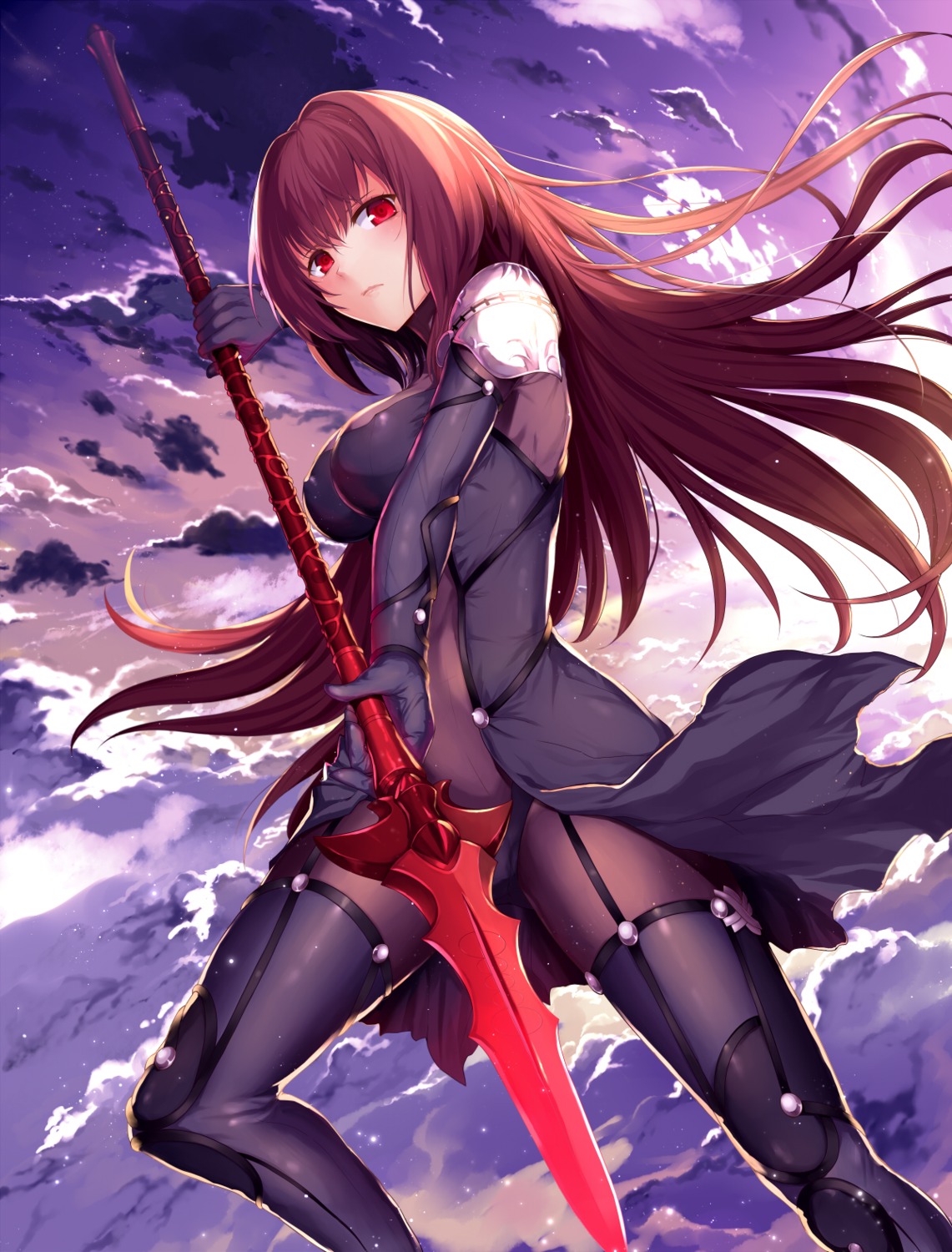 abusoru armor bodysuit erect_nipples fate/grand_order scathach_(fate/grand_order) thighhighs weapon