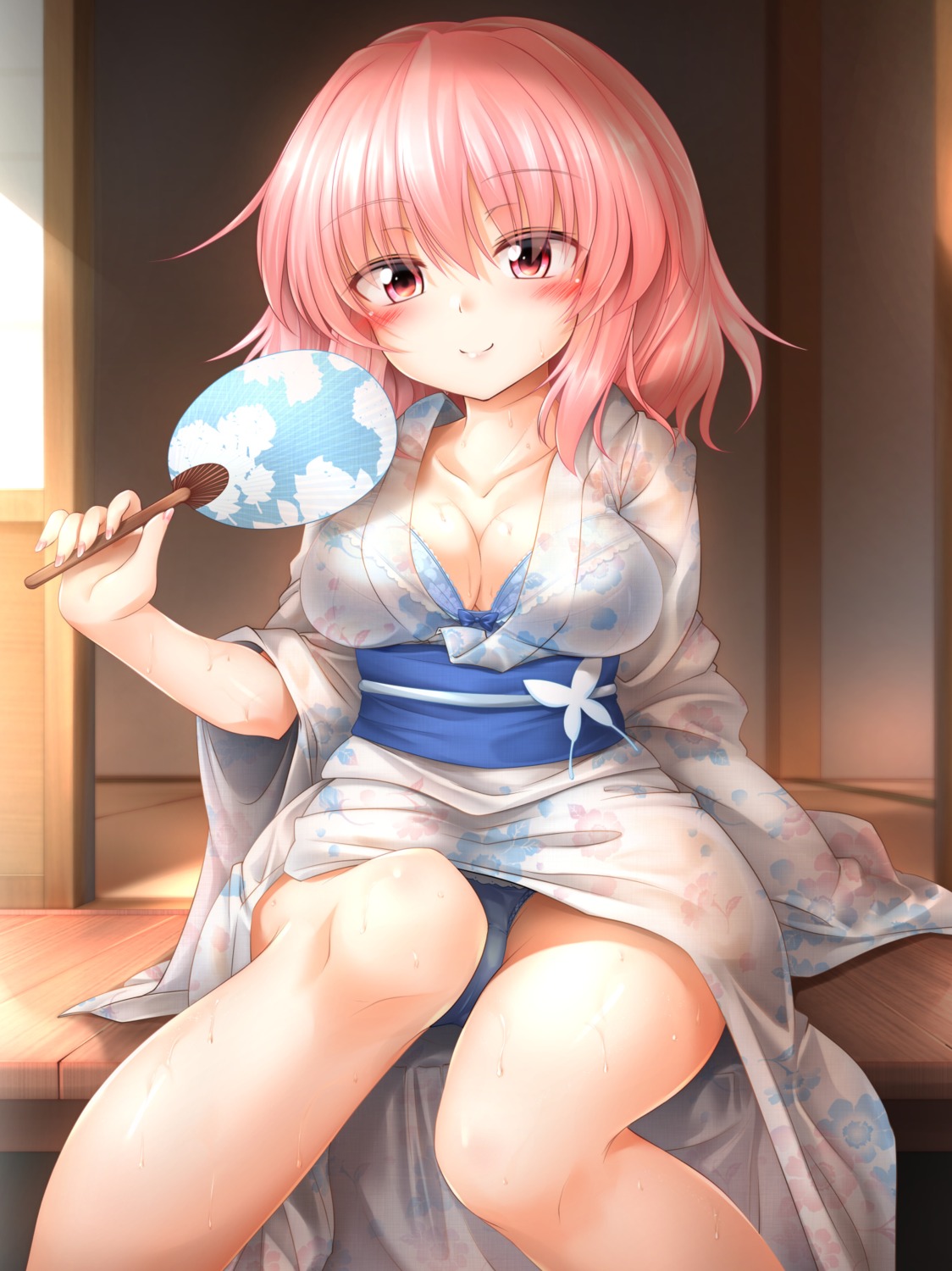 bra marukyuu_ameya open_shirt pantsu saigyouji_yuyuko see_through skirt_lift touhou wet wet_clothes yukata