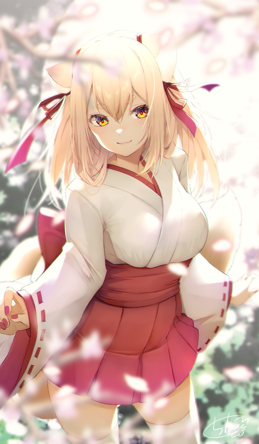 animal_ears chita_(ketchup) kitsune miko tail thighhighs