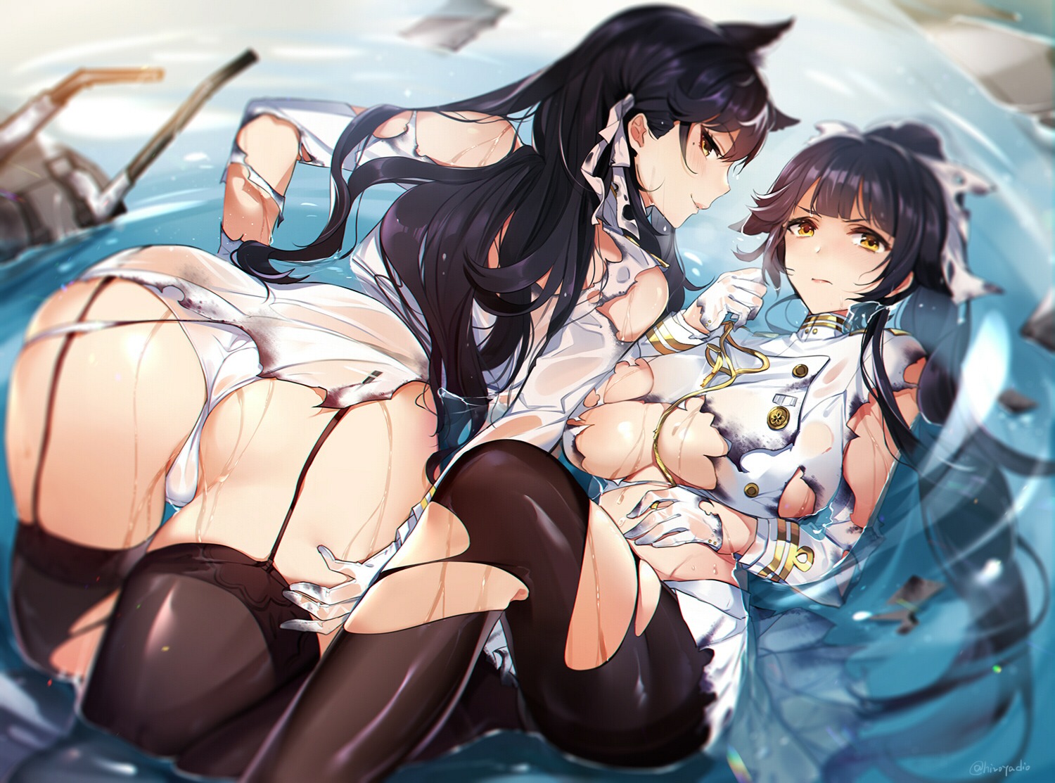 animal_ears ass atago_(azur_lane) azur_lane catsizuru no_bra pantsu pantyhose see_through stockings takao_(azur_lane) thighhighs thong torn_clothes uniform wet wet_clothes