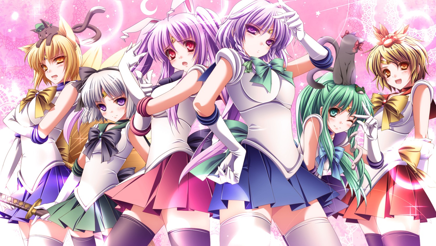 cosplay izayoi_sakuya kochiya_sanae konpaku_youmu monety parody reisen_udongein_inaba sailor_moon thighhighs toramaru_shou touhou yakumo_ran